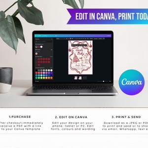 Puede incluir: Un ordenador port&aacute;til muestra una invitaci&oacute;n navide&ntilde;a dise&ntilde;ada en Canva. La invitaci&oacute;n presenta un dise&ntilde;o en rojo y blanco con el texto "Santa Baby". La imagen tambi&eacute;n incluye el logotipo de Canva e instrucciones para comprar, editar e imprimir.
