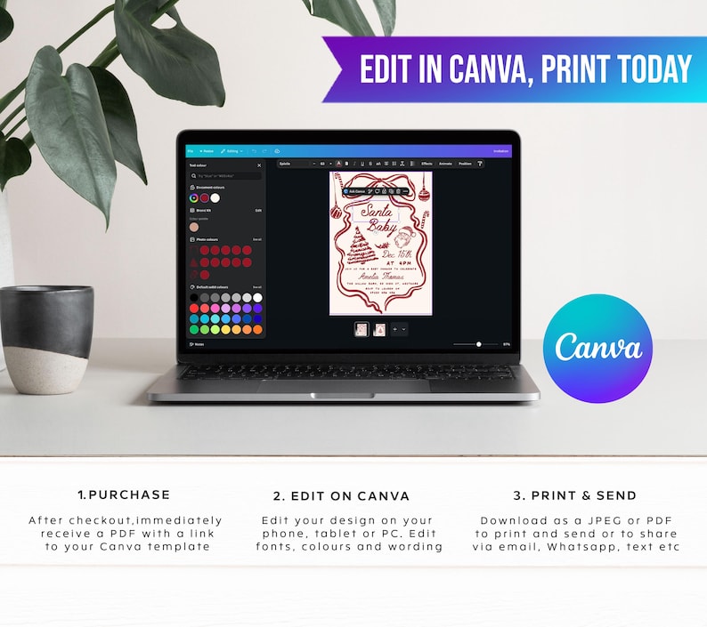 Puede incluir: Un ordenador port&aacute;til muestra una invitaci&oacute;n navide&ntilde;a dise&ntilde;ada en Canva. La invitaci&oacute;n presenta un dise&ntilde;o en rojo y blanco con el texto "Santa Baby". La imagen tambi&eacute;n incluye el logotipo de Canva e instrucciones para comprar, editar e imprimir.