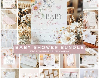 Pacchetto di inviti per baby shower stampabili "Baby in Bloom", baby shower con fiori di campo, giochi per baby shower modificabili su Canva, bavaglino per baby shower con fiori selvatici