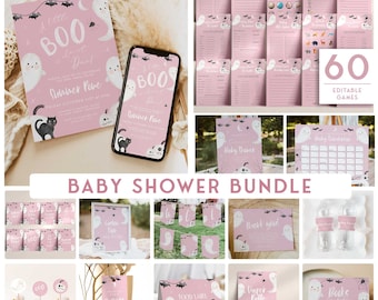 May include: A pink and black baby shower bundle with a ghost theme. The bundle includes invitations, games, food labels, thank you cards, and decorations. The text on the invitations reads "A little BOO is on the way!" and "Sumner Pove".