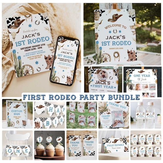 Cowboy First Rodeo 1st Birthday Bundle, Editable First Rodeo Template Set, Cowboy Western First Rodeo Birthday Bundle, First Rodeo Party FR1