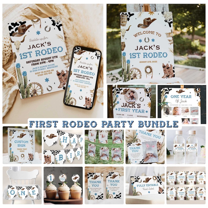 May include: A collection of rodeo-themed party supplies, including invitations, signs, cupcake toppers, and water bottle labels. The designs feature cowboy boots, hats, and a cowhide pattern, with the text "Jack's 1st Rodeo".