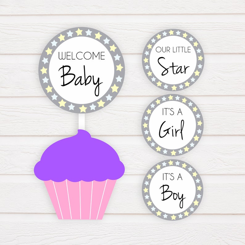 Grey Yellow Stars Cupcake Toppers Baby Shower Cupcake Etsy