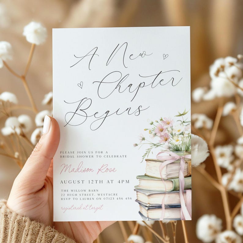 A New Chapter Begins Bridal Shower Invite, Editable Calligraphy Book Bachelorette Party Invitation Canva Her Next Chapter Invitation BNC