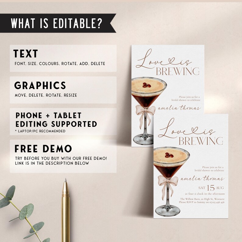 Love Is Brewing Bridal Shower Invitation, Espresso Martini Bridal Shower Invitation, Coffee Bridal Shower, Editable Bridal Coffee Invite