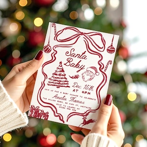 Invitación navideña para baby shower dibujada a mano, set de baby shower de Papá Noel, plantilla editable de Canva para rifa de libros y pañales para bebé, Doodle Red imagen 5