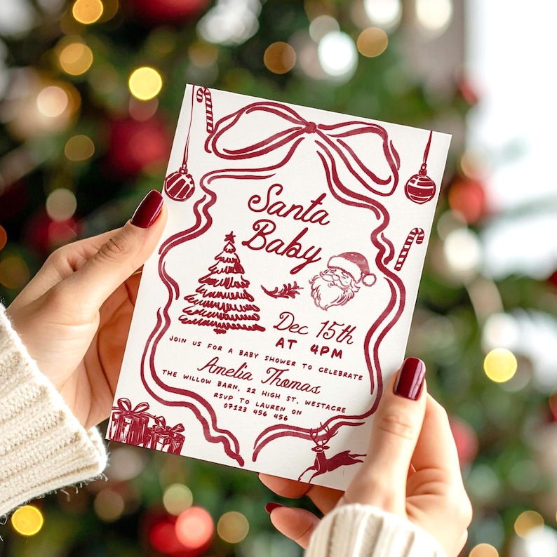 Invitación navideña para baby shower dibujada a mano, set de baby shower de Papá Noel, plantilla editable de Canva para rifa de libros y pañales para bebé, Doodle Red imagen 5