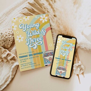 Junge Wild & Three Geburtstagseinladung, Blue Van Regenbogen, dritte Groovy Geburtstagspartyeinladung, Retro Hippy Geburtstagseinladung GRV