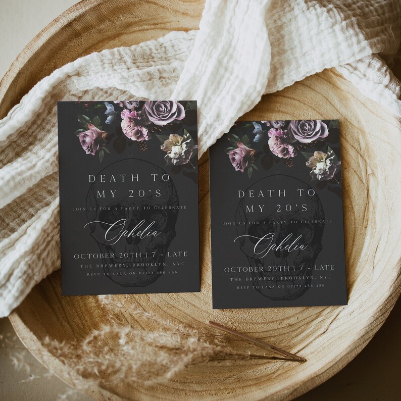 fully editable invitation and mobile invitation celebrating the death of my twenties. Gothic floral death to my twenties invitation suite