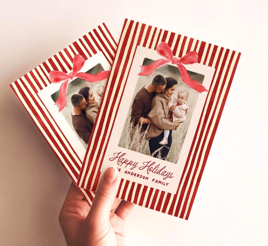 Red Stripe Holiday Card Template, Classic Holiday Photo Card, Canva