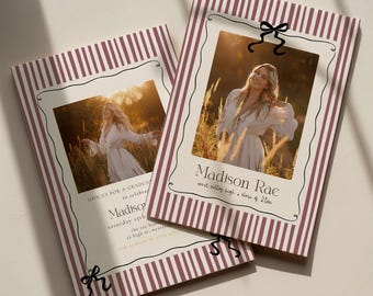 Maroon Striped Graduation Invitation Template, Photo Senior Grad Invite With Bows, Class of 2026 Graduation Photo Invitation Template