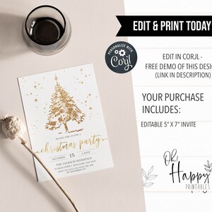 May include: A gold glitter Christmas tree with stars on a white background. The text "Please join us for a Christmas party" is written in gold script. The date and time of the party are listed below the text. The invitation is for a 5" x 7" printable.