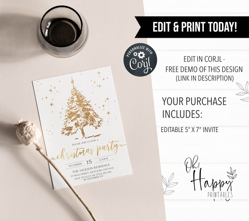 May include: A gold glitter Christmas tree with stars on a white background. The text "Please join us for a Christmas party" is written in gold script. The date and time of the party are listed below the text. The invitation is for a 5" x 7" printable.