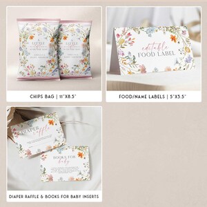 May include: A collection of baby shower stationery featuring floral designs. Includes chip bags (11"x8.5"), food labels (5"x3.5"), and inserts for diaper raffle and books for baby. The designs feature delicate flowers and the text "A Little Wildflower is on the Way".