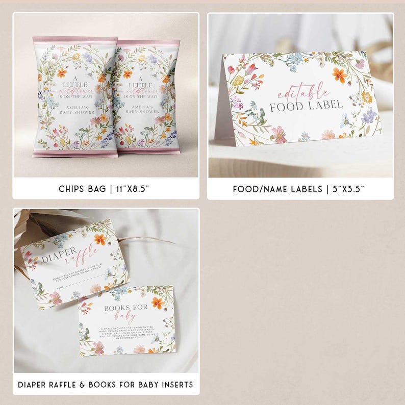 May include: A collection of baby shower stationery featuring floral designs. Includes chip bags (11"x8.5"), food labels (5"x3.5"), and inserts for diaper raffle and books for baby. The designs feature delicate flowers and the text "A Little Wildflower is on the Way".