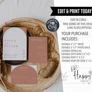 Puede incluir: Un conjunto de plantillas de invitaci&oacute;n de boda imprimibles en un estilo moderno minimalista con un fondo melocot&oacute;n y una forma de rect&aacute;ngulo redondeado. El texto de la invitaci&oacute;n dice "KAYLA y OLIVER" e incluye la fecha "20 08 23". El conjunto incluye una invitaci&oacute;n, un dorso de foto, una tarjeta de detalles, una nota de regalos, una tarjeta RSVP y un c&oacute;digo QR RSVP.