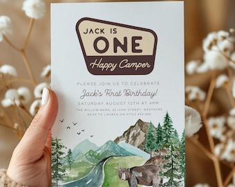 ONE Happy Camper Birthday Invitation, Editable One Happy Camper 1st Birthday Invite, Happy Camper First Birthday, 1st Birthday Invite OHC