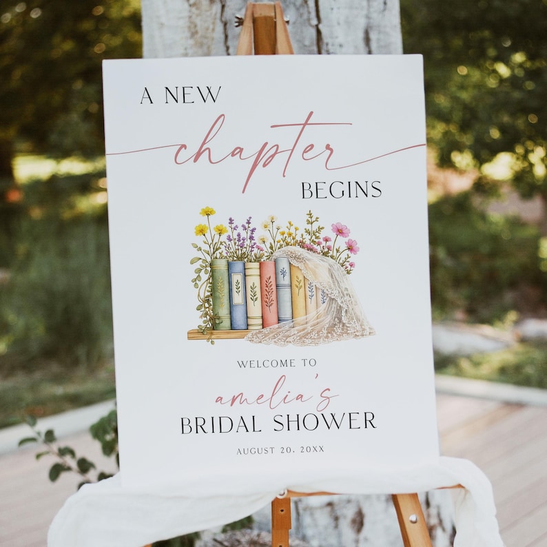 A New Chapter Bridal Shower Welcome Sign, Editable Story Book with Veil Themed Bridal Shower Sign, Edit in Canva A New Chapter Sign BNC