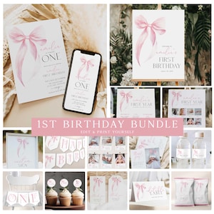 May include: A printable 1st birthday party bundle featuring a pink bow theme. The bundle includes invitations, banners, cupcake toppers, water bottle labels, favour bags, and more. The text "Amelia's First Birthday" is featured on several of the items.