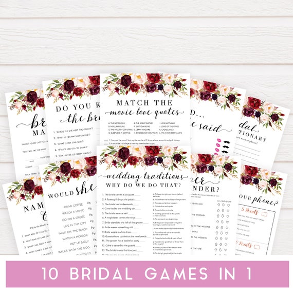 Bridal Shower Games Bundle Marsala Flowers Bridal Shower Etsy