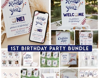 Rookie of the Year FIRST BIRTHDAY Party Bundle, Editable Baseball 1st Birthday Invitation Set, Rookie Year First Birthday Party Decor BB3