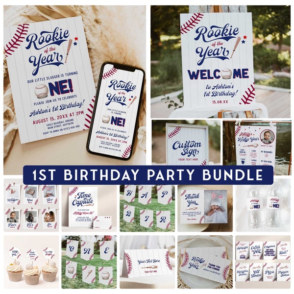 Rookie of the Year FIRST BIRTHDAY Party Bundle, Editable Baseball 1st Birthday Invitation Set, Rookie Year First Birthday Party Decor BB3