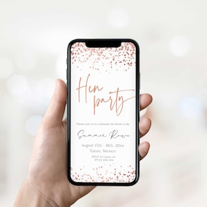 hen party mobile invitation suite in a stunning rose gold confetti theme. The invitation suite includes invite, itinerary and details for sending via WhatsApp, text message . Easy to edit, print and send. This is perfect for any stylish bridal shower