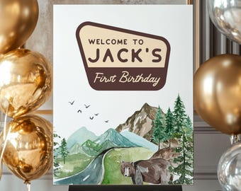 One Happy Camper First Birthday Welcome Sign, Happy Camper 1st Birthday Welcome Sign, Editable Woodland First Birthday Welcome Sign OHC