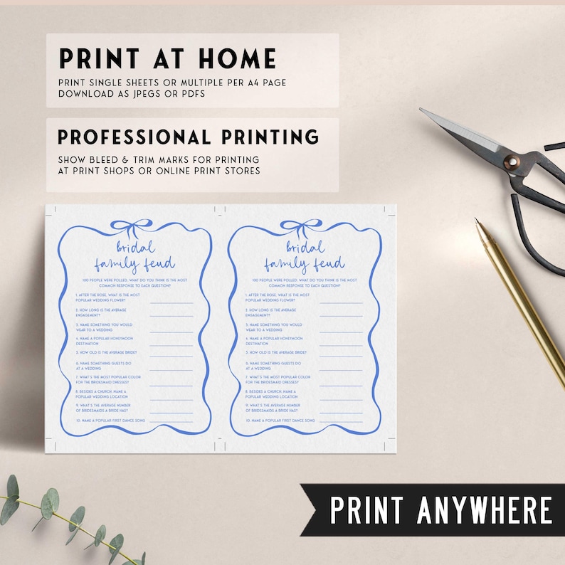 May include: Two printable bridal shower game cards with blue accents. The cards are titled "Bridal Family Feud" and feature a list of questions for guests to answer.