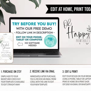 May include: A laptop computer screen shows a mockup of a bridal shower invitation with the text "Bridal Shower" and the name "Danny Williams". The text "Try Before You Buy! With Our Free Demo - Follow Link In Description - Edit On Your Phone, Tablet Or Computer - No Software Needed" is displayed on the screen. The text "Personalize With Coryl" is in a circle with a gear icon. The text "Oh! Happy Printables" is displayed on a white background with a green leaf.