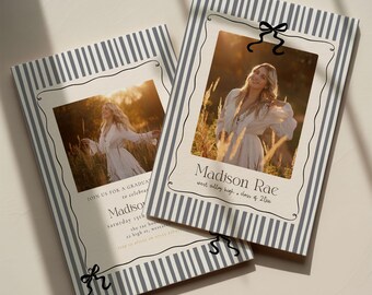 Grey Striped Graduation Announcement Template, Senior Girl Grad Invite, Class of 2026 Graduation Photo Card Editable Canva Template