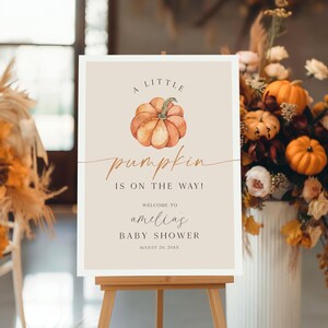 PRINTED + SHIPPED A Little Pumpkin Is On The Way Baby Shower Welcome Sign, Autumn Harvest Baby Shower, Modern Baby Shower Welcome Sign, FAB image 4