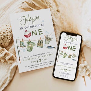 OFishally One First Birthday Party Invitation. O-Fish-Ally One Birthday Invite. Fishing 1st Birthday Invite, Gone Fishing Birthday Party