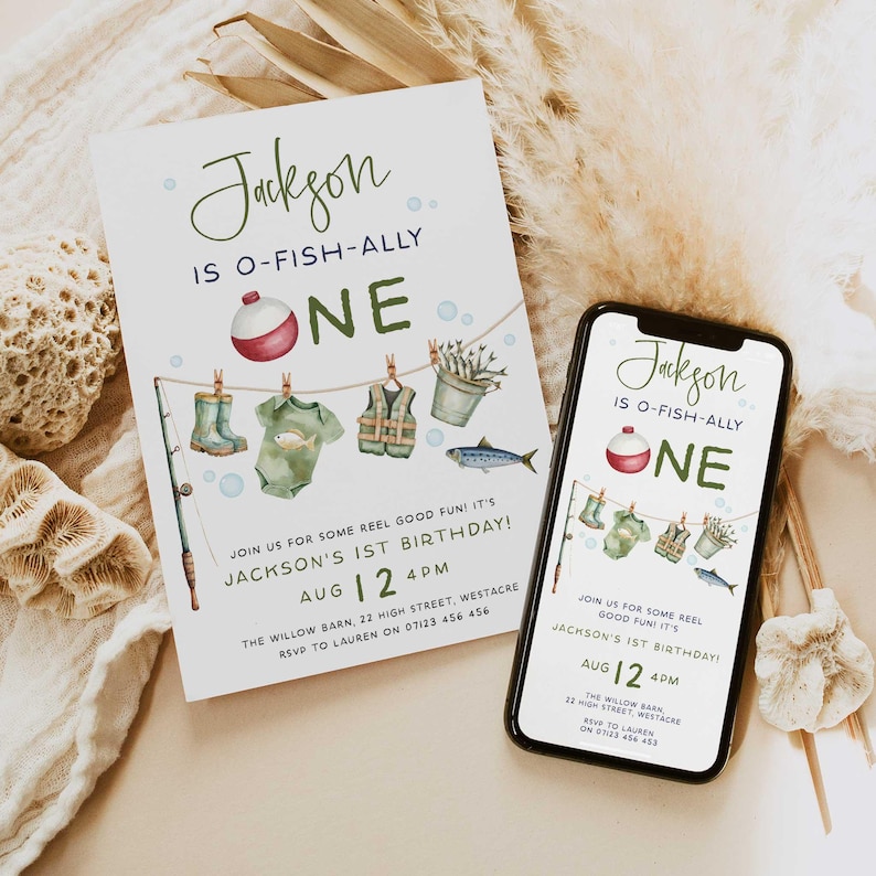 OFishally One First Birthday Party Invitation. O-Fish-Ally One Birthday Invite. Fishing 1st Birthday Invite, Gone Fishing Birthday Party