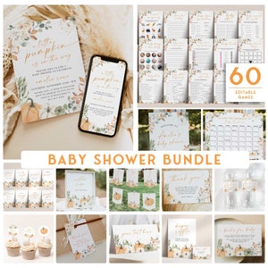 Little Pumpkin Fall Baby Shower Bundle, Editable Floral Pumpkin Set, Baby Shower Invitation Bundle, Fall Baby Shower Games Editable LP1