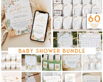 May include: A baby shower bundle with a pumpkin theme. The bundle includes invitations, games, decorations, and favors. The colors are orange, brown, and white. The text on the invitations says "A little pumpkin is on the way".