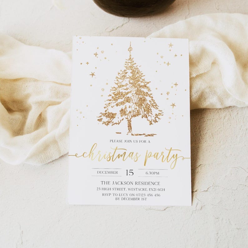 Gold Christmas Party Invitation, Editable Invitation Template, Printable Christmas Party Invite, Festive Holiday Invite, Glitter C2 image 3