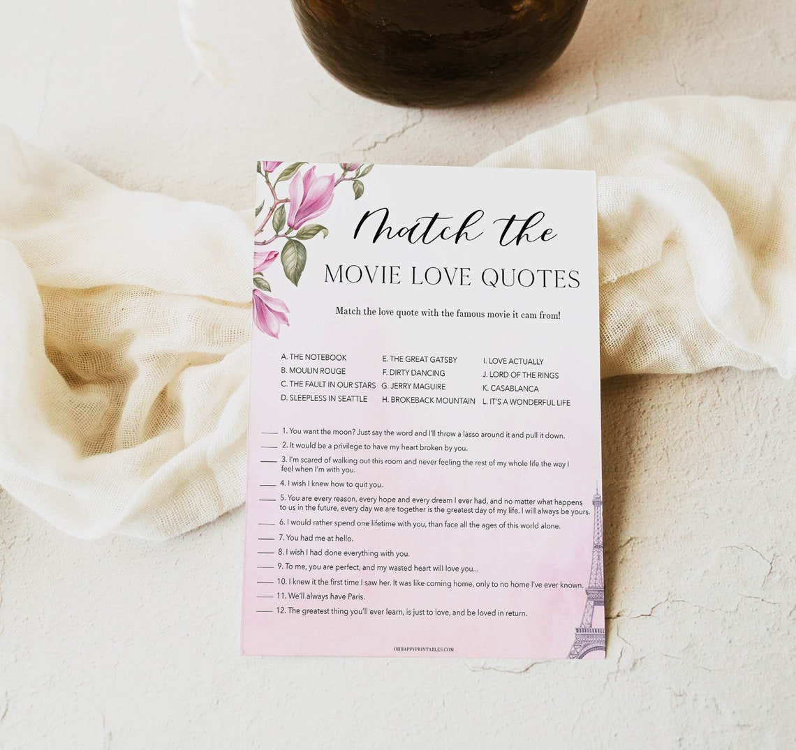 Bridal Shower Game Movie Love Quotes Paris Bridal Shower Etsy