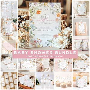 May include: A baby shower bundle with floral designs. The invitation reads "A Little Wildflower is on the Way" with details for Amelia Rose's baby shower. Includes various cards, tags, and cupcake toppers, all with floral accents. The text "Baby Shower Bundle" is also visible.