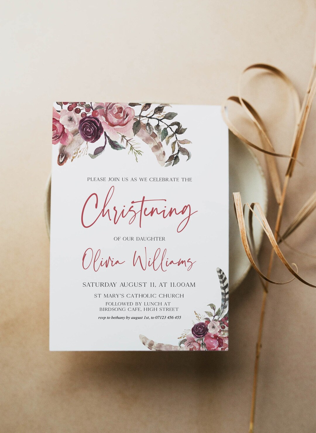 EDITABLE Christening Invitation Template, BOHO Floral Printable Baptism Invitation, LDS Boho