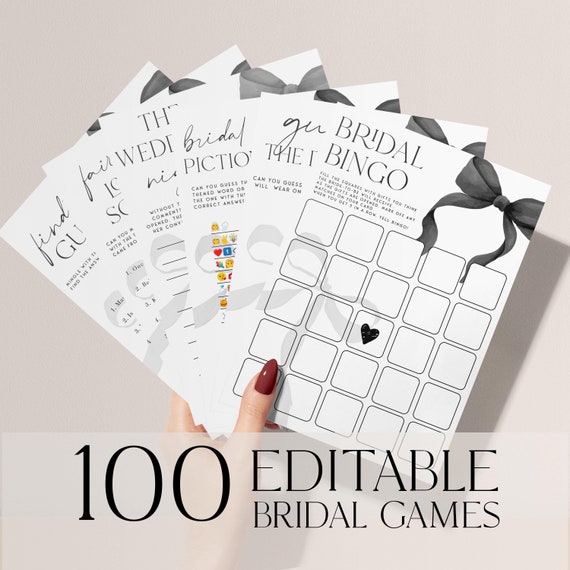 She's Tying the Knot Bridal Shower Games, 100 Black Bow Bridal Shower Game Bundle, Printable Ribbon Bow Bridal Party Games Templates TTK