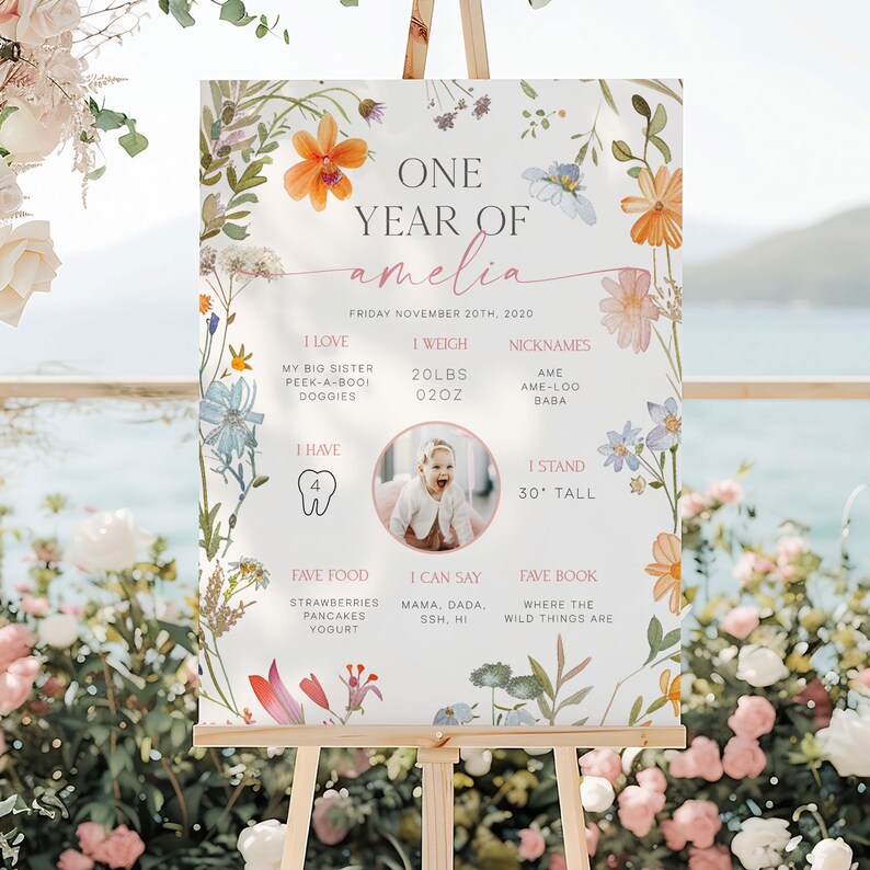 May include: A personalized sign on an easel, celebrating a baby's first year. The sign features the name "Amelia" with floral accents, a photo, and details like weight, height (30 inches), and favorite things. The sign is decorated with colorful flowers.