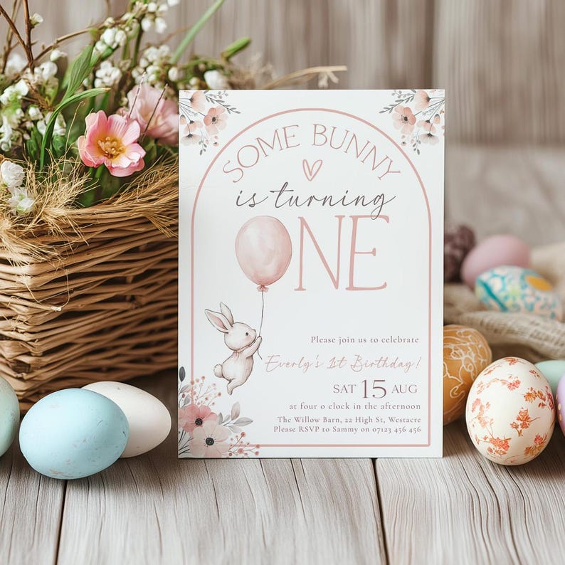 Some Bunny is One First Birthday Invite, Boho Bunny 1st Birthday Editable Invitation, Pink Bunny is One Birthday Invitation Template
