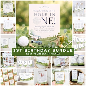 Golf First Birthday Party Bundle, Hole In One Birthday Invitation Bundle, Par-tee Golf First Birthday Bundle Template GO1