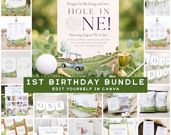 Golf First Birthday Party Bundle, Hole In One Birthday Invitation Bundle, Par-tee Golf First Birthday Bundle Template GO1