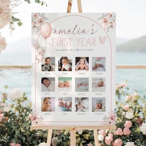 Letrero fotográfico para el primer cumpleaños de un conejito, plantilla editable para el primer año del bebé, plantilla para el primer cumpleaños de un conejito SBIO