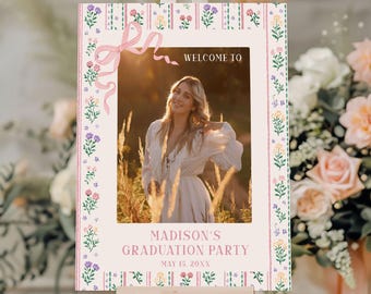Summer Graduation Photo Welcome Sign Template Graduation Party Sign, Class of 2026 Sign Freshly Graduated Floral Welcome Sign 10 Sizes