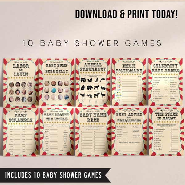 Circus 10 Baby Shower Games, Printable Baby Shower Games , Baby Shower Games, Carnival Baby Shower Games, Baby Shower Game, Baby Games CR1