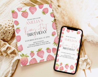 May include: A pink and white printable invitation with a strawberry pattern. The invitation says "Please join us for Amelia's Berry First Birthday" and includes the date, time, and location of the party.