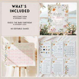 Op de afbeelding: Een verzameling baby shower printables met bloemmotieven. Bevat een welkomstbord, een kalender en diverse spelkaarten. Het bord leest "Baby in Bloom" en "Welkom bij Amelia's Baby Shower".